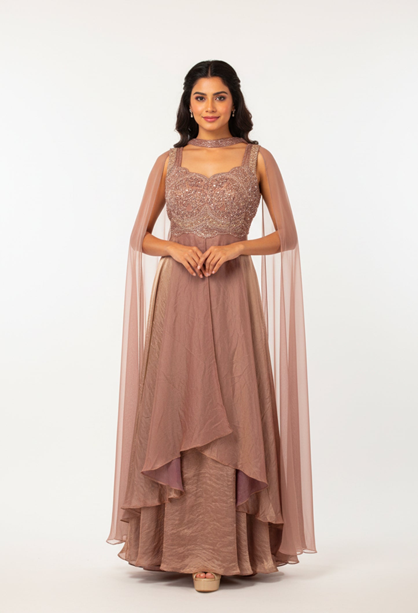 Mauve Straight-Cut Designer Suit with Heavy Embellished Bodice & Cape Dupatta – Party & Reception Wear