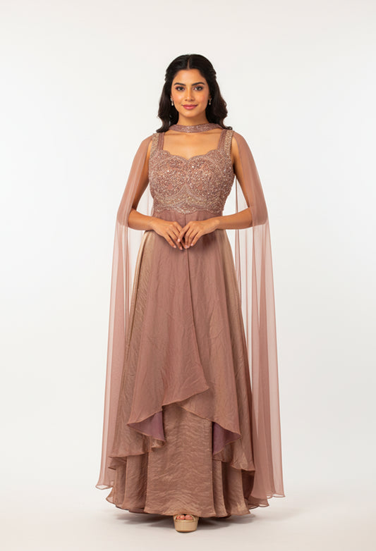 Mauve Straight-Cut Designer Suit with Heavy Embellished Bodice & Cape Dupatta – Party & Reception Wear