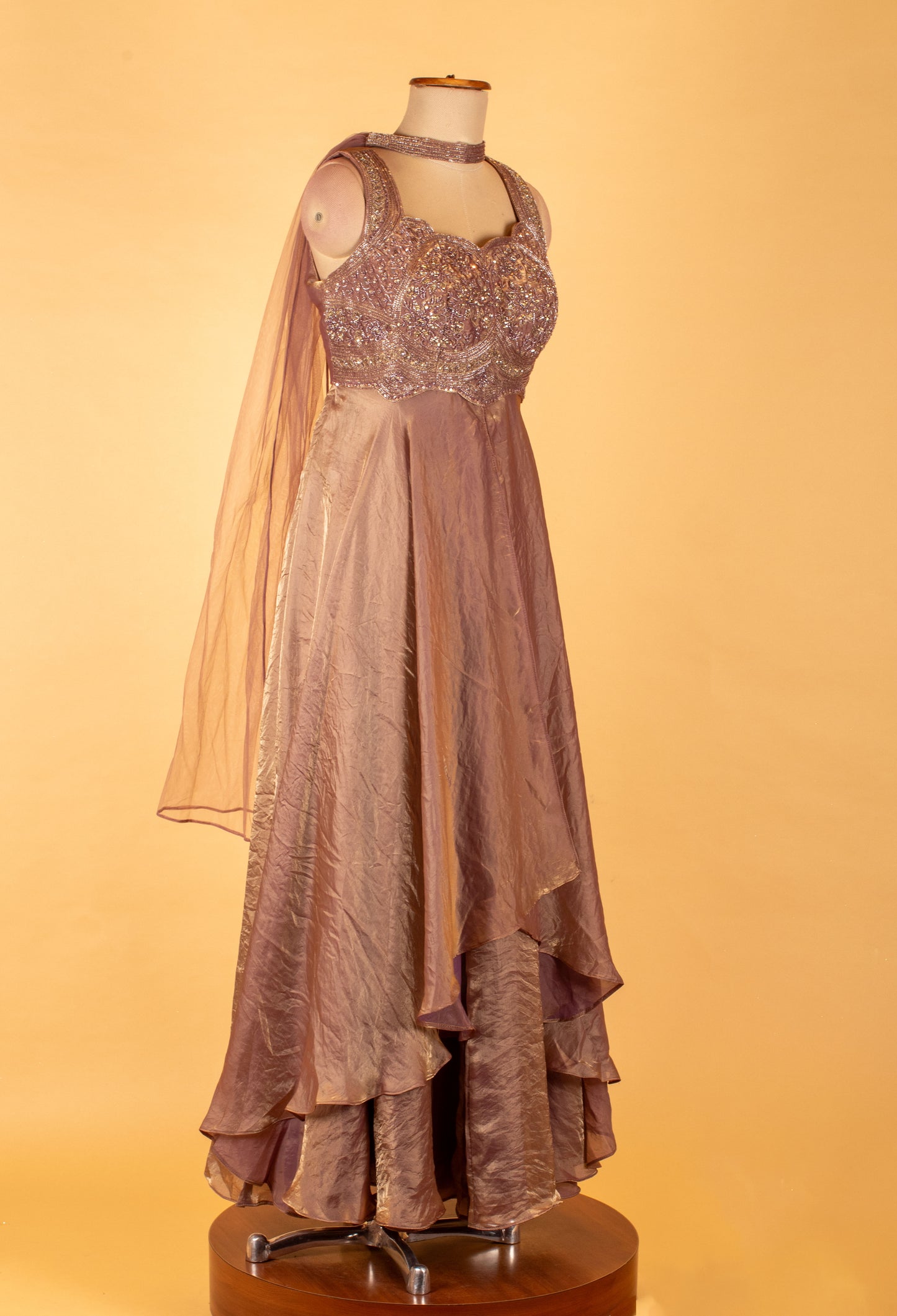 Mauve Straight-Cut Designer Suit with Heavy Embellished Bodice & Cape Dupatta – Party & Reception Wear