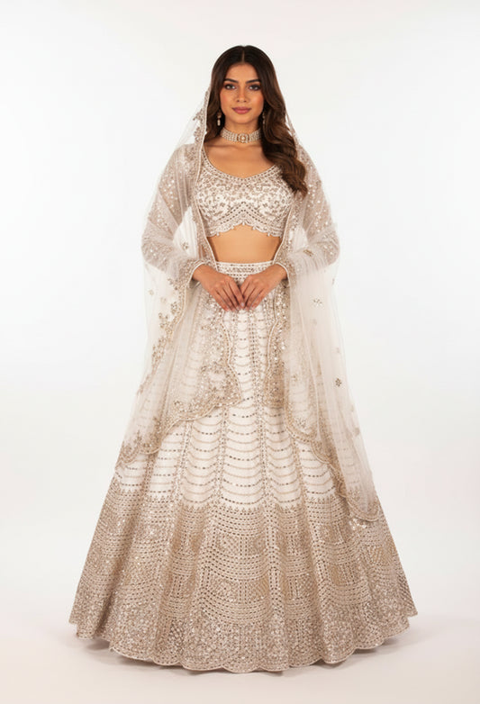 White & Gold Heavy Embellished Bridal Lehenga Choli with Cape Dupatta – Premium Wedding & Reception Wear