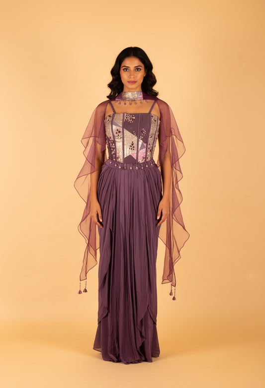 Purple Straight-Cut Designer Suit with Embellished Corset Style Bodice & Cape – Premium Party & Wedding Wear