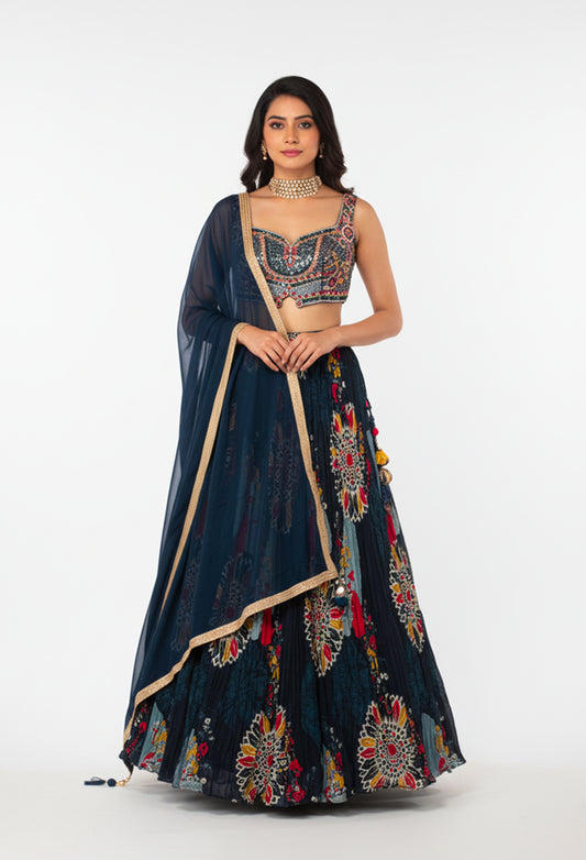 Navy Blue Designer Printed Lehenga Choli with Embellished Blouse & Dupatta – Festive & Wedding Wear