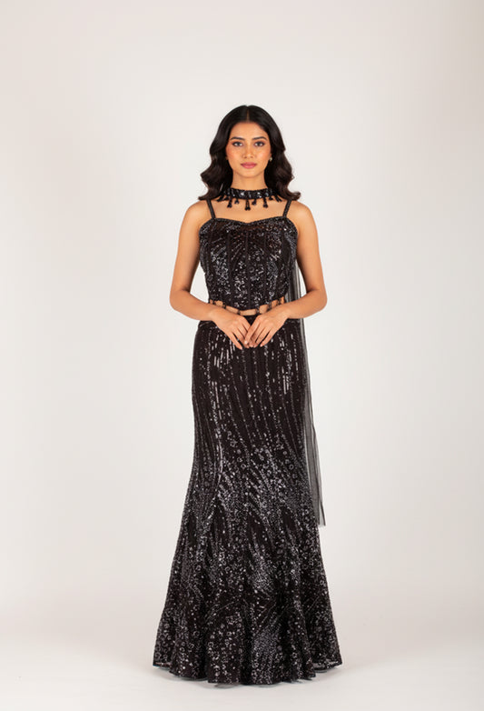 Black Sequins Embellished Lehenga Set with Crop Blouse & Choker – Premium Party & Wedding Wear