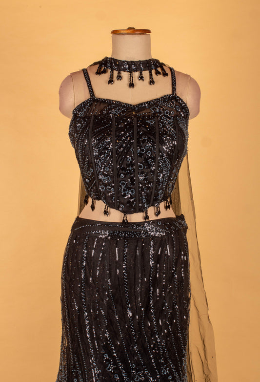 Black sequin embellished lehenga with sweetheart crop blouse – product image 2