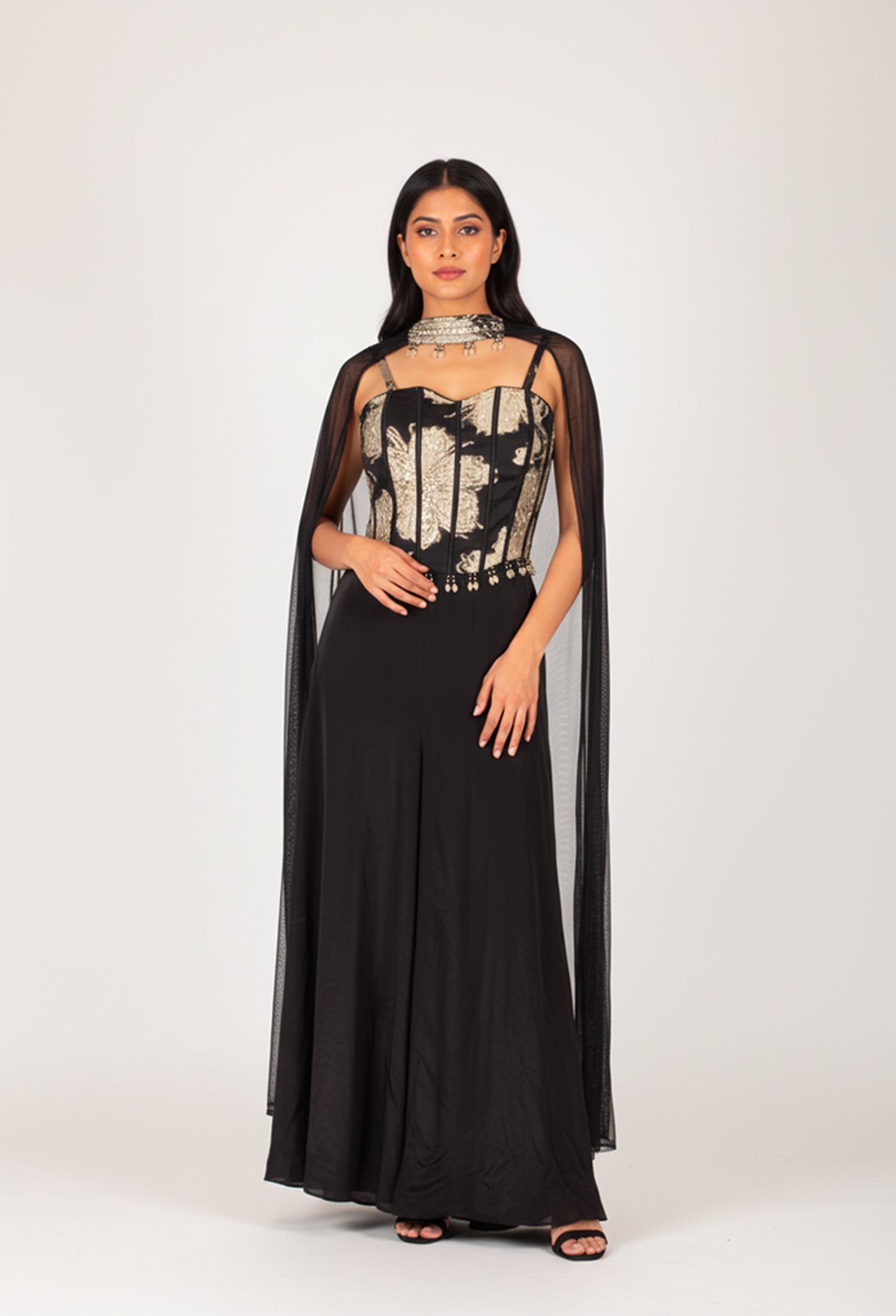Black Straight-Cut Indo-Western Suit with Golden Embellished Corset Bodice & Cape – Premium Party & Wedding Wear