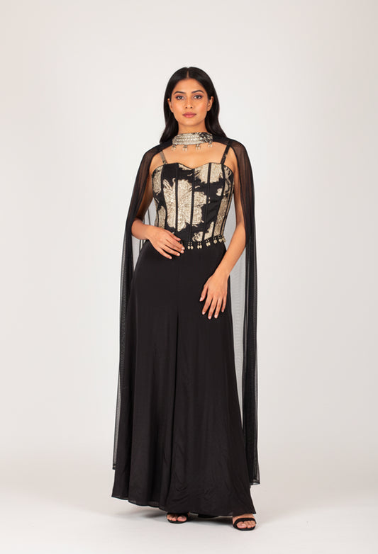 Black Straight-Cut Indo-Western Suit with Golden Embellished Corset Bodice & Cape – Premium Party & Wedding Wear