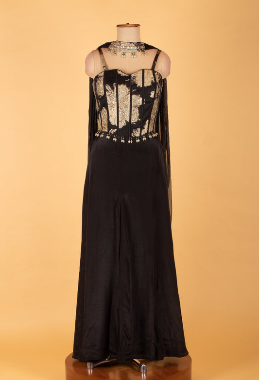 Black straight-cut Indo-Western suit with golden embellished corset bodice and cape – product image 2