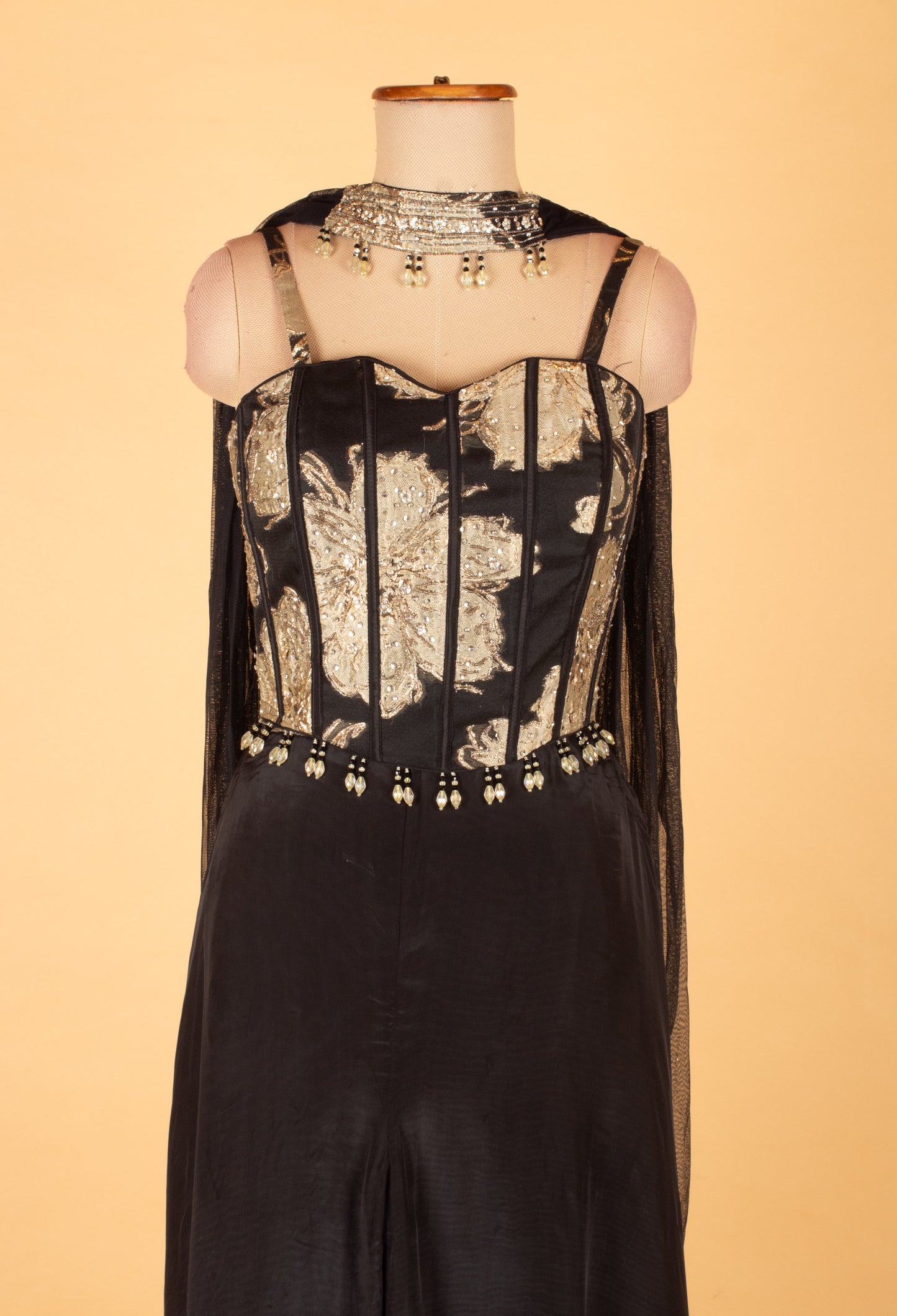 Black Straight-Cut Indo-Western Suit with Golden Embellished Corset Bodice & Cape – Premium Party & Wedding Wear