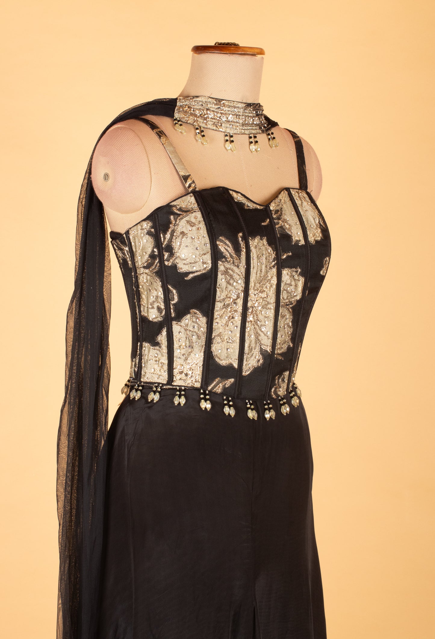 Black Straight-Cut Indo-Western Suit with Golden Embellished Corset Bodice & Cape – Premium Party & Wedding Wear
