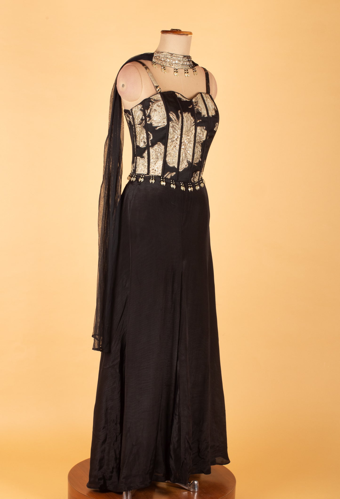 Black Straight-Cut Indo-Western Suit with Golden Embellished Corset Bodice & Cape – Premium Party & Wedding Wear