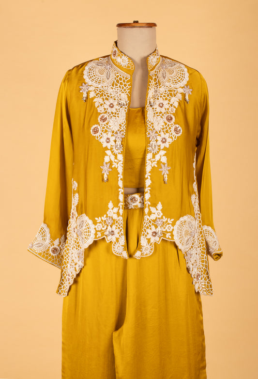 Mustard yellow Indo-Western co-ord set with crop top, pants and embroidered jacket – product image 2