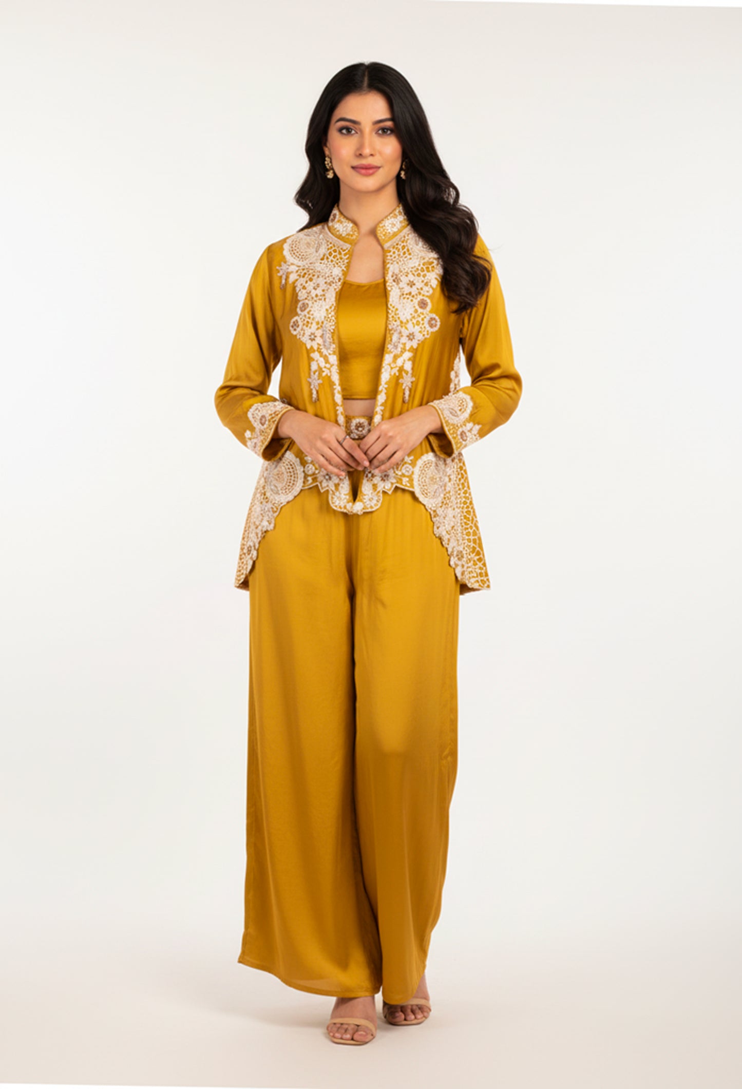 Mustard Yellow Indo-Western Co-ord Set with Embroidered Jacket – Party & Festive Wear for Women