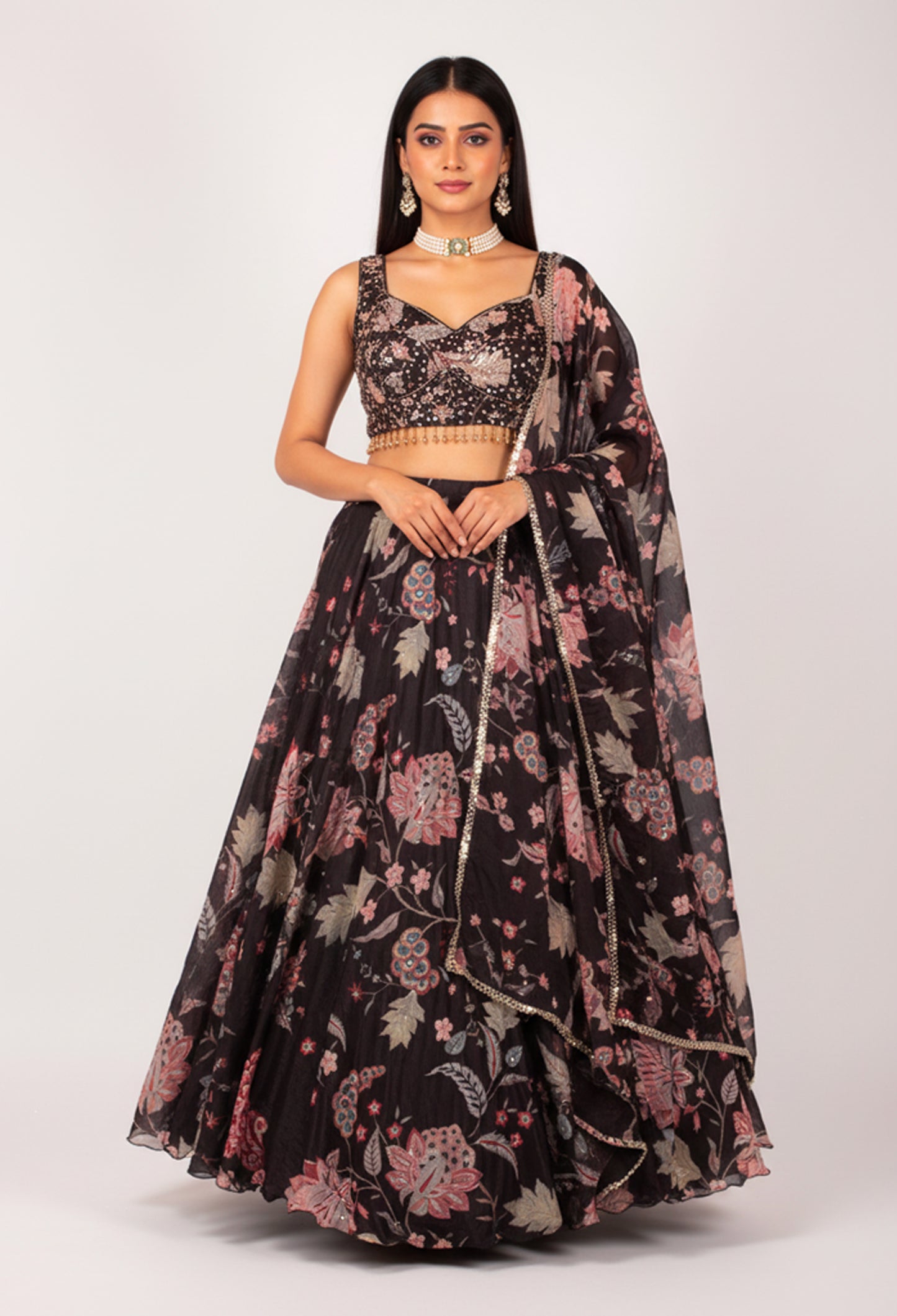 Black Floral Printed Lehenga Choli with Embellished Blouse & Dupatta – Festive & Wedding Wear