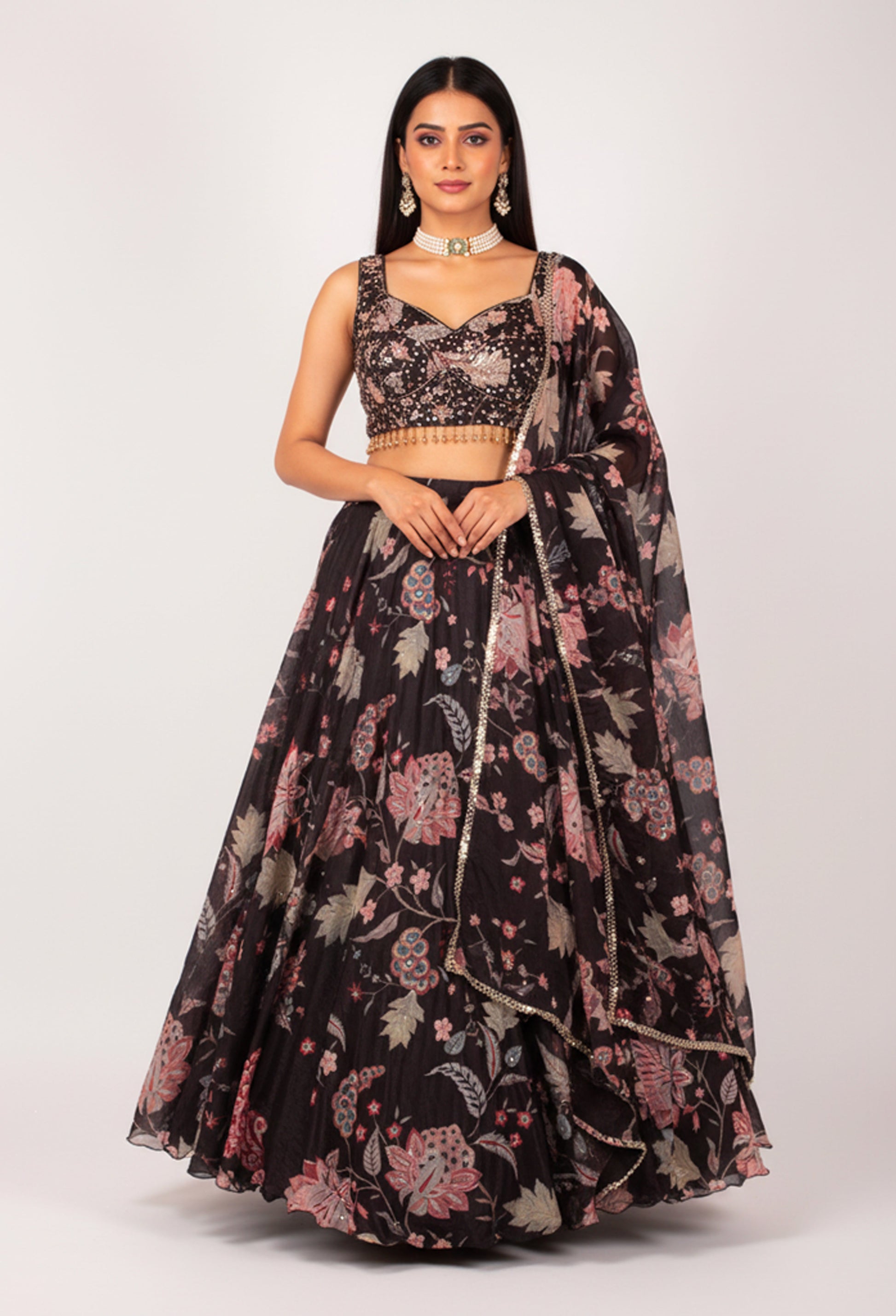 Black | ASMA black floral printed lehenga choli with embellished blouse and dupatta | 1
