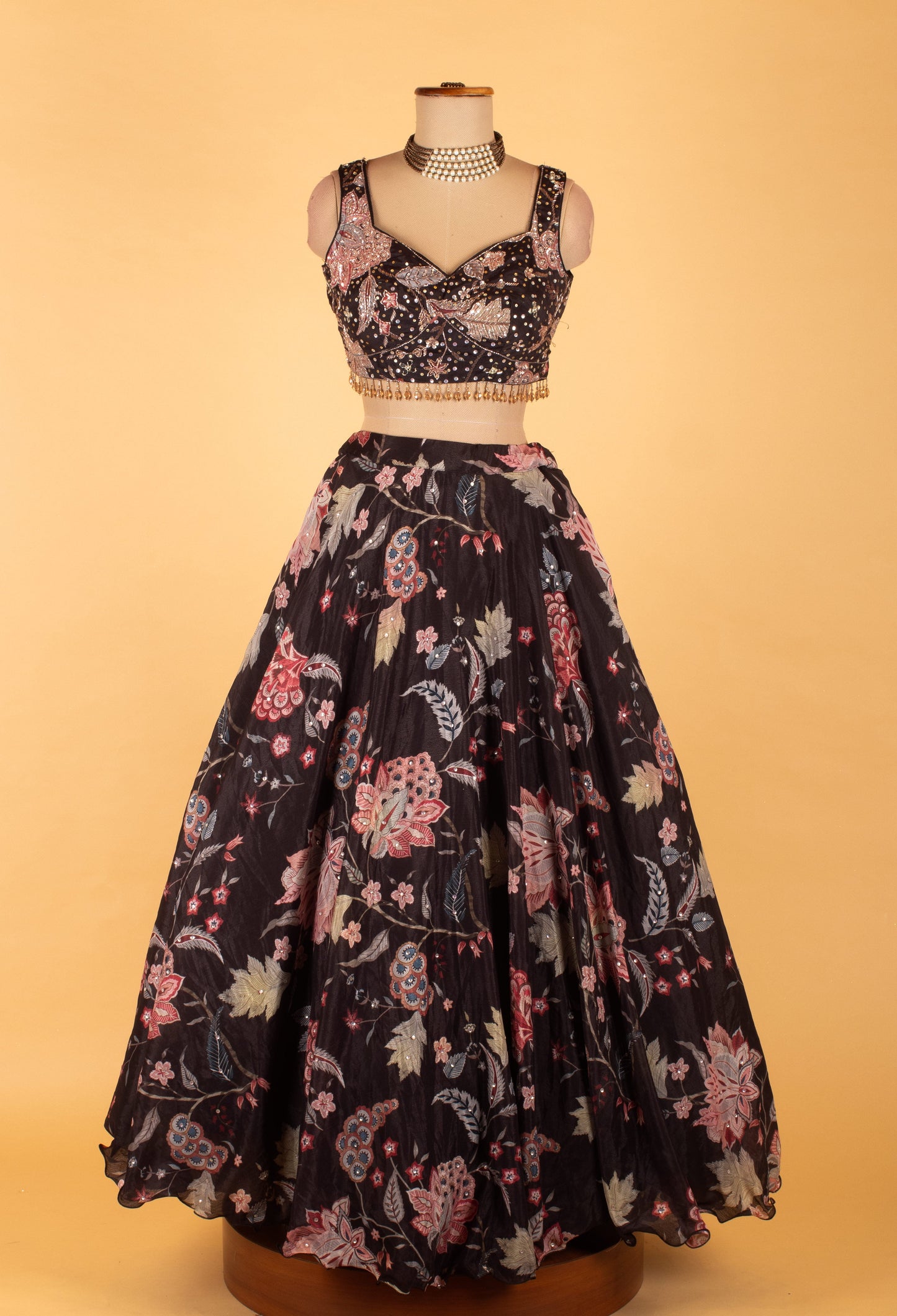 Black | Black multicolor floral printed lehenga with sleeveless embellished blouse | 2