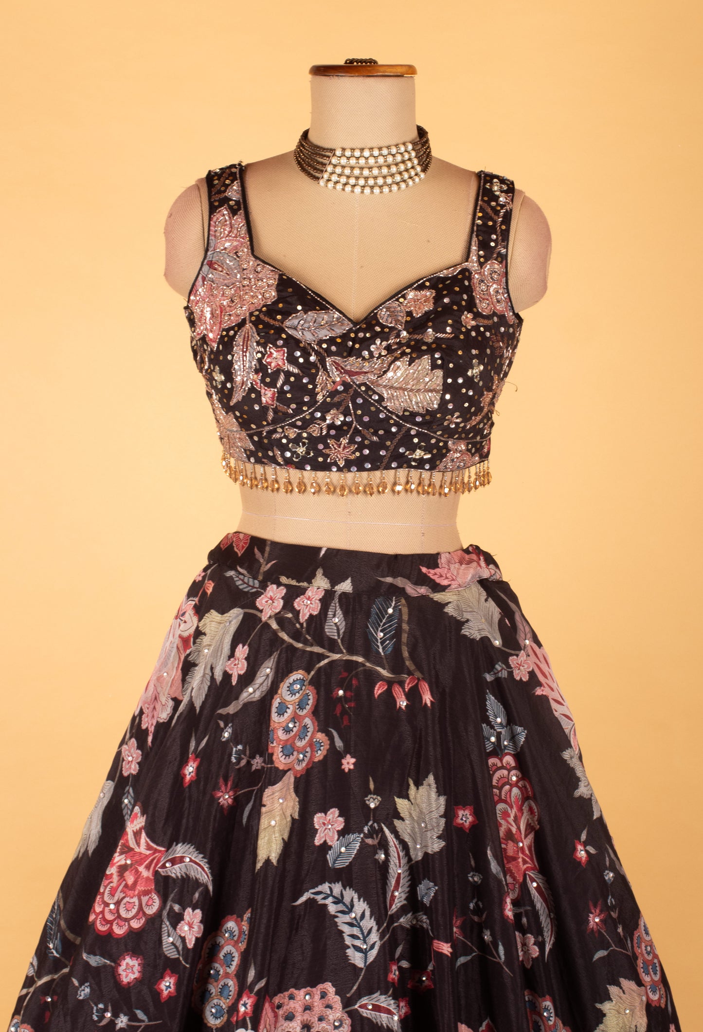 Black Floral Printed Lehenga Choli with Embellished Blouse & Dupatta – Festive & Wedding Wear