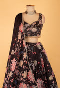 Black Floral Printed Lehenga Choli with Embellished Blouse & Dupatta – Festive & Wedding Wear