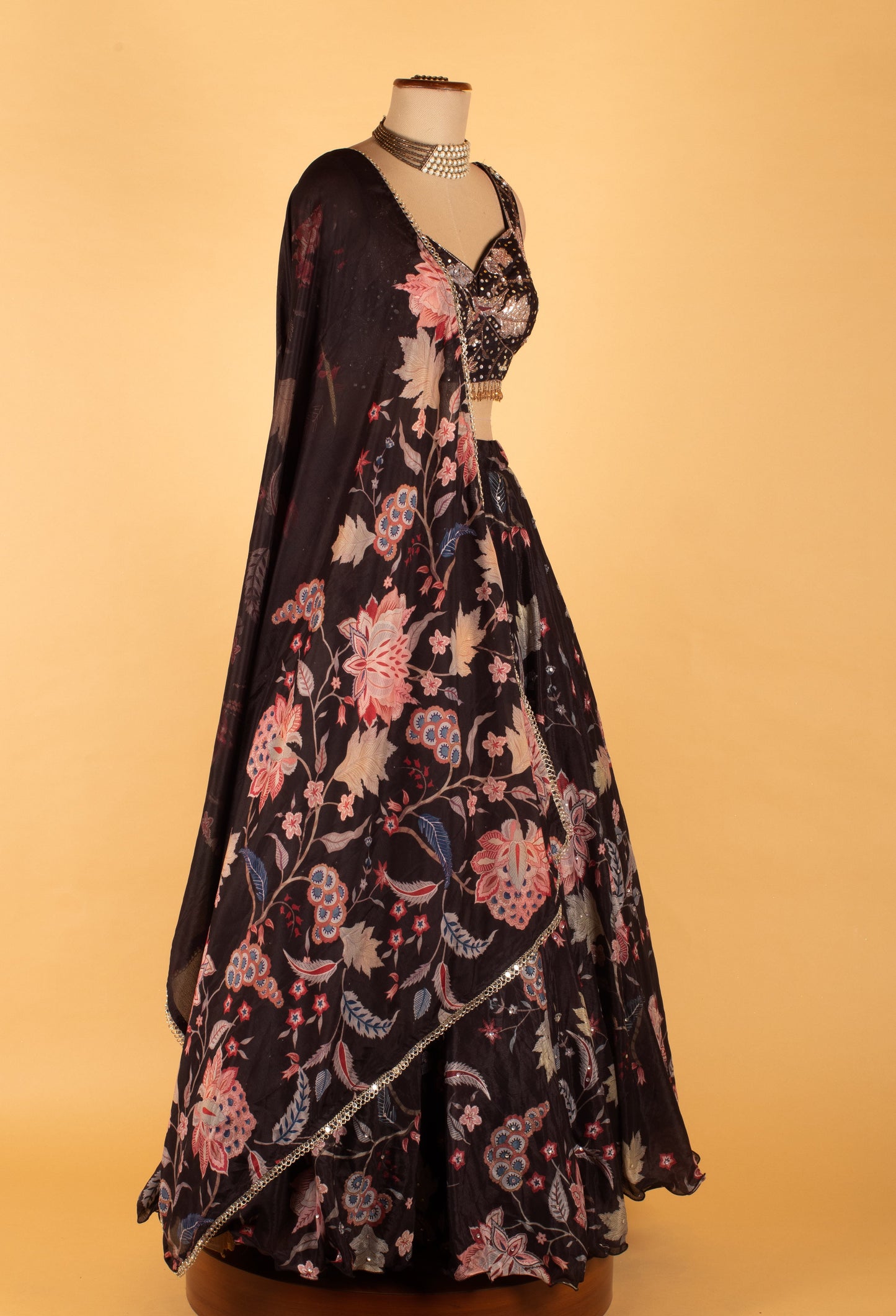 Black | Designer black floral lehenga choli with shimmering dupatta border | 6