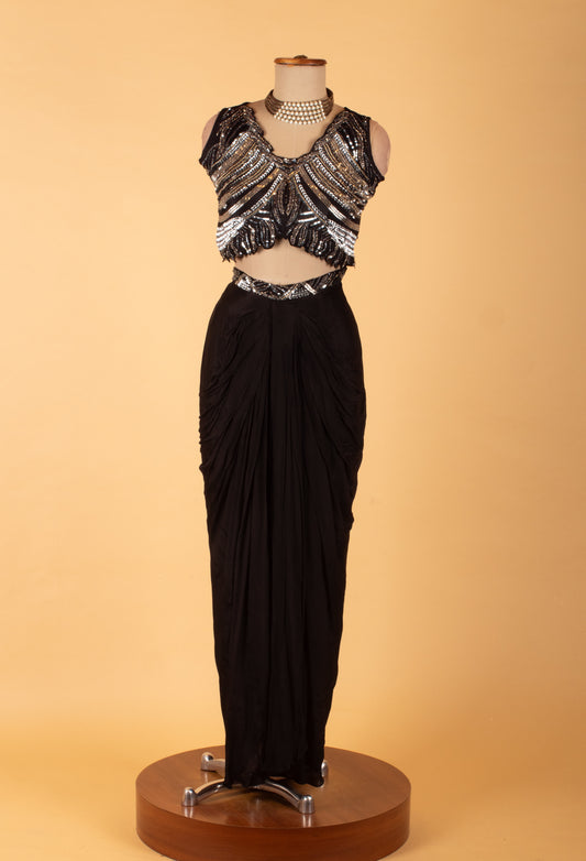 Black Indo-Western dhoti co-ord set with embellished crop top and cape – product image 2