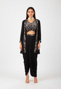 Black Indo-Western Dhoti Pant Co-ord Set with Embellished Crop Top & Cape Jacket – Party & Cocktail Wear