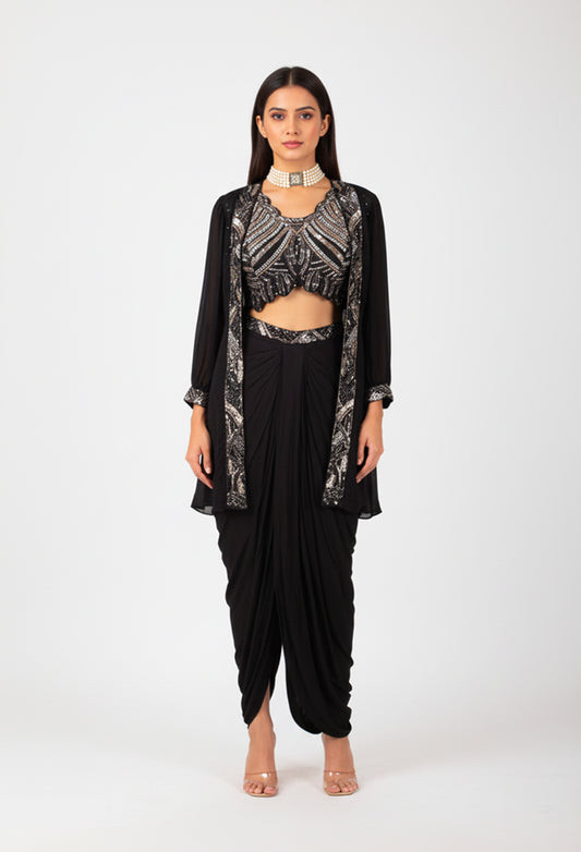 Black Indo-Western Dhoti Pant Co-ord Set with Embellished Crop Top & Cape Jacket – Party & Cocktail Wear