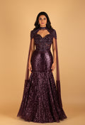 Luxury Plum Sequin Mermaid Gown with Sheer Cape Sleeves & Embellished Bodice