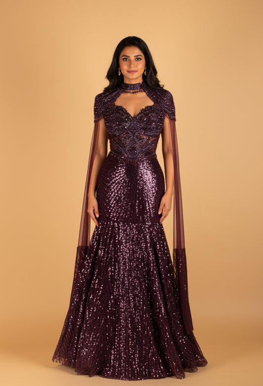 Luxury Plum Sequin Mermaid Gown with Sheer Cape Sleeves & Embellished Bodice