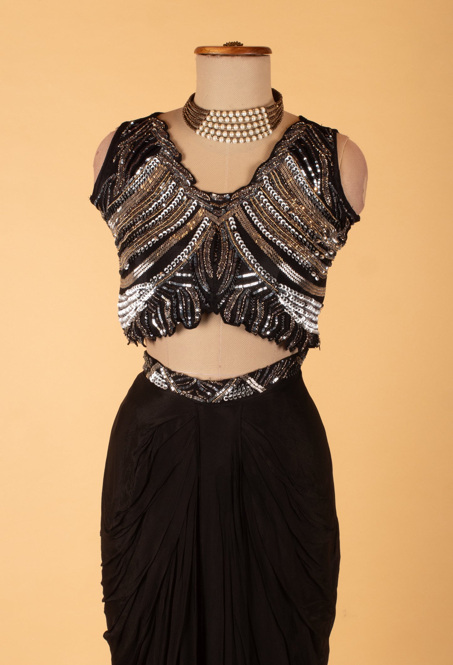 Black Indo-Western Dhoti Pant Co-ord Set with Embellished Crop Top & Cape Jacket – Party & Cocktail Wear