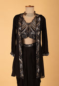 Black Indo-Western Dhoti Pant Co-ord Set with Embellished Crop Top & Cape Jacket – Party & Cocktail Wear