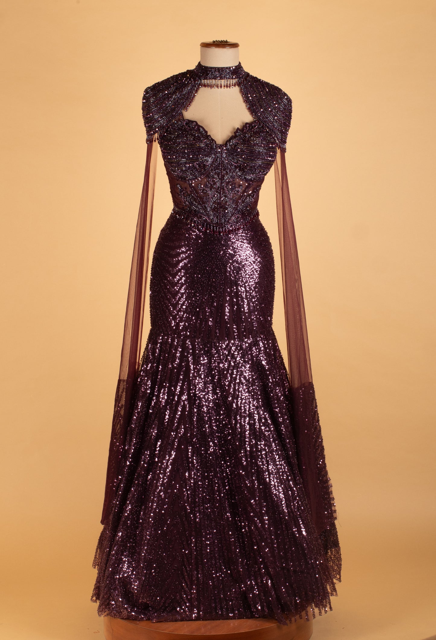 Luxury Plum Sequin Mermaid Gown with Sheer Cape Sleeves & Embellished Bodice