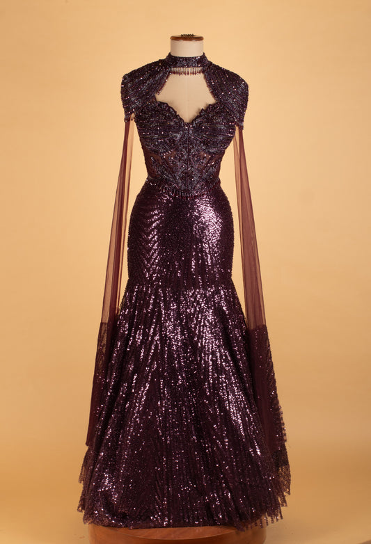 Deep plum sequin mermaid gown with sheer cape sleeves – product image 2