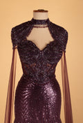 Luxury Plum Sequin Mermaid Gown with Sheer Cape Sleeves & Embellished Bodice