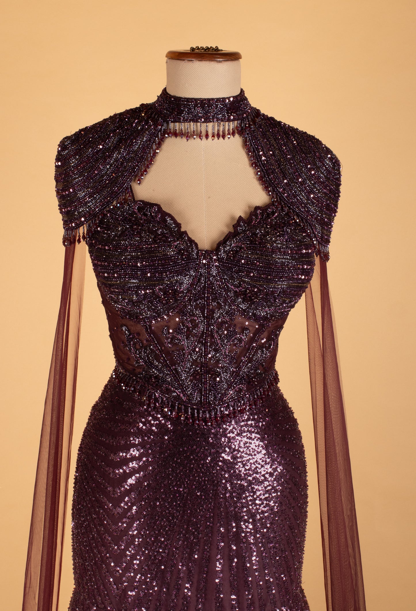 Luxury Plum Sequin Mermaid Gown with Sheer Cape Sleeves & Embellished Bodice