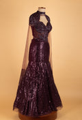 Luxury Plum Sequin Mermaid Gown with Sheer Cape Sleeves & Embellished Bodice