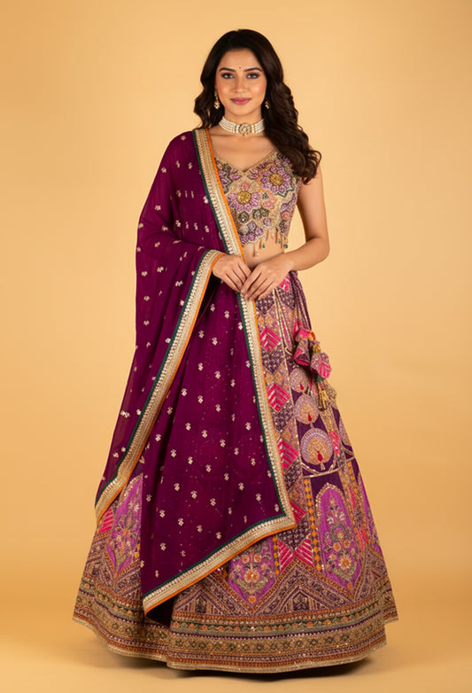 Multicolor Heavy Embroidered Traditional Crop Top Lehenga Set with Velvet Dupatta