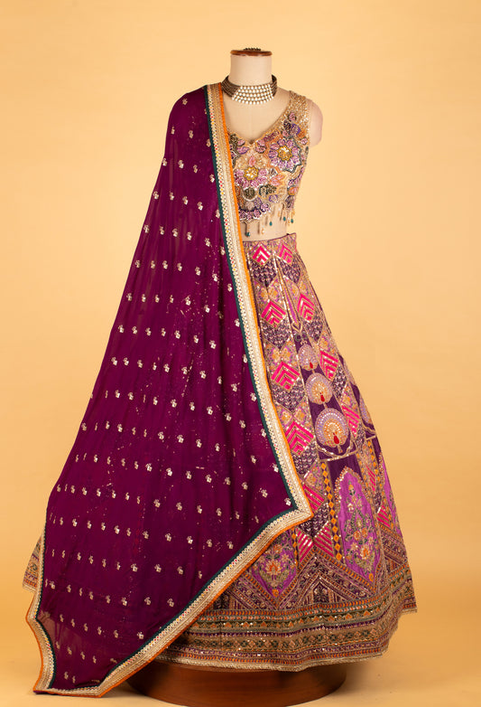 Multicolor heavy embroidered lehenga with deep plum velvet dupatta – product image 2