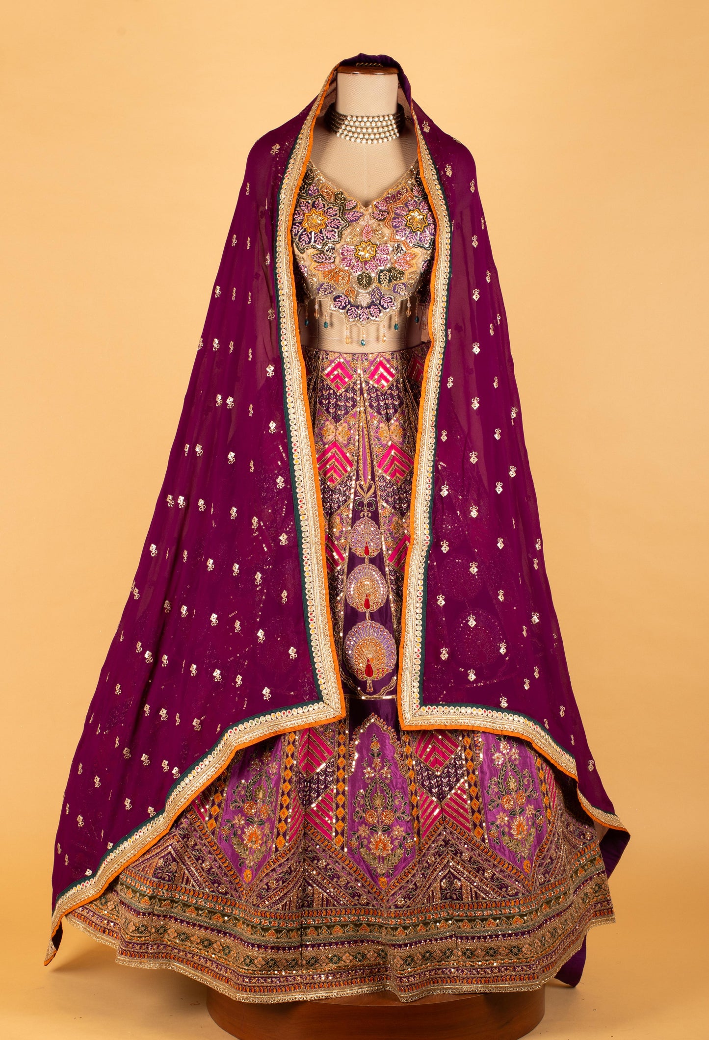 Multicolor Heavy Embroidered Traditional Crop Top Lehenga Set with Velvet Dupatta