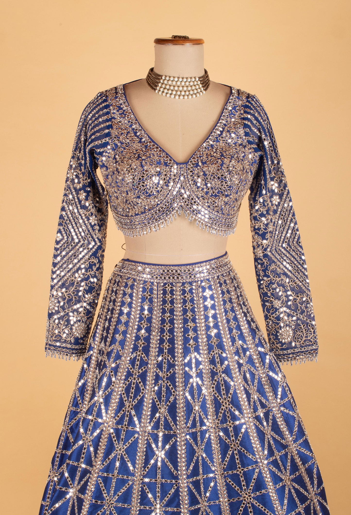 Royal Blue Heavy Mirror & Sequin Embroidered Crop Top Lehenga Set with Dupatta