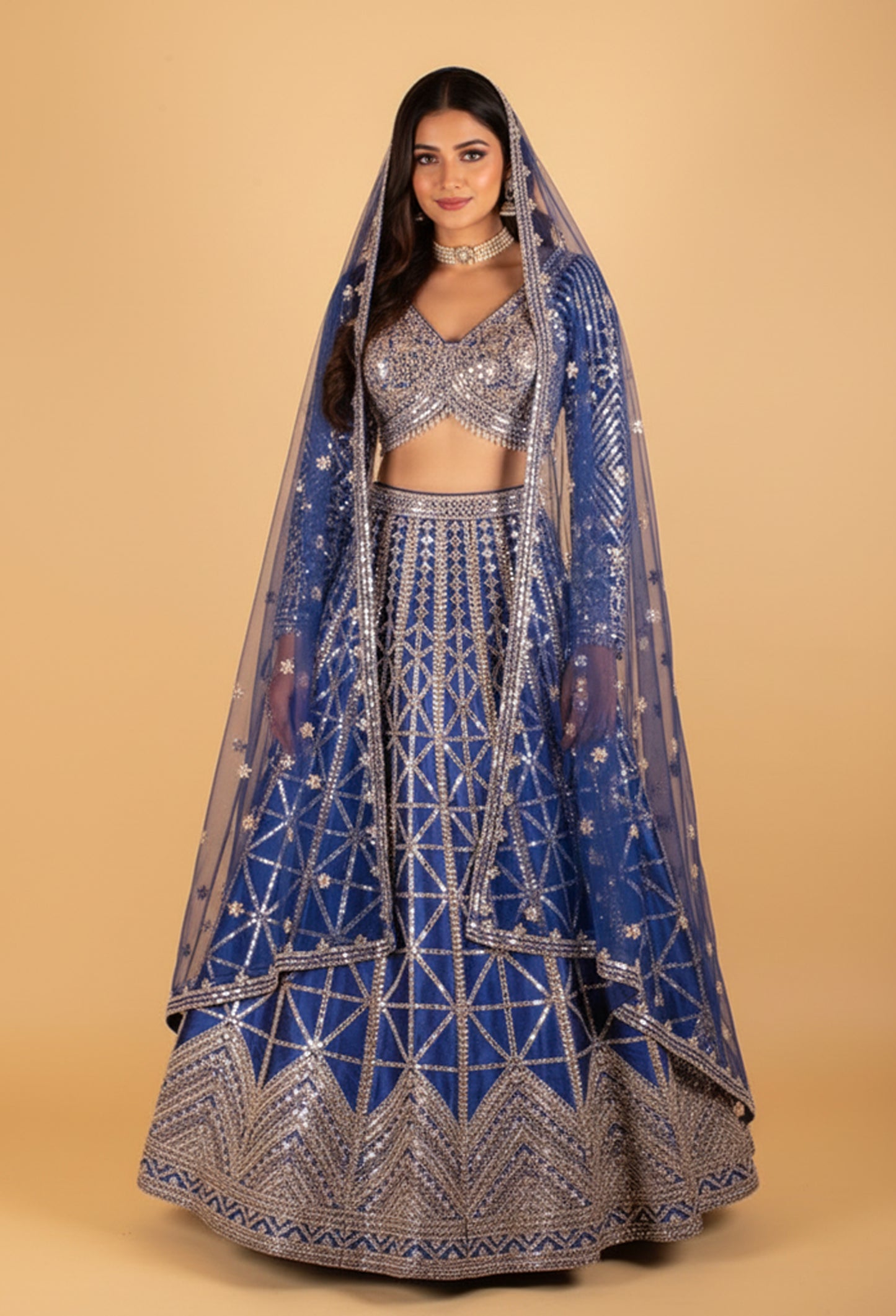 Royal Blue Heavy Mirror & Sequin Embroidered Crop Top Lehenga Set with Dupatta