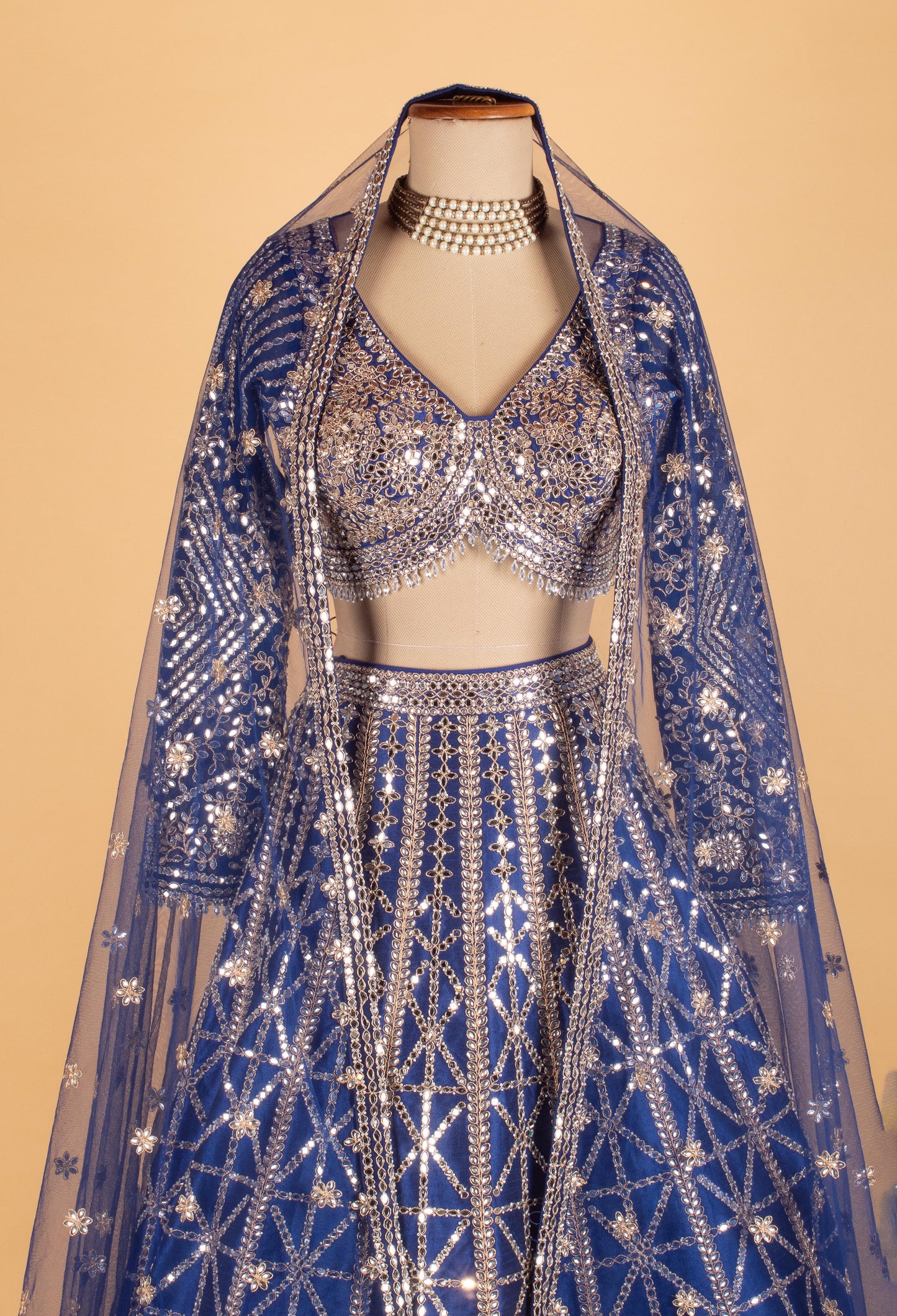 Royal Blue Heavy Mirror & Sequin Embroidered Crop Top Lehenga Set with Dupatta