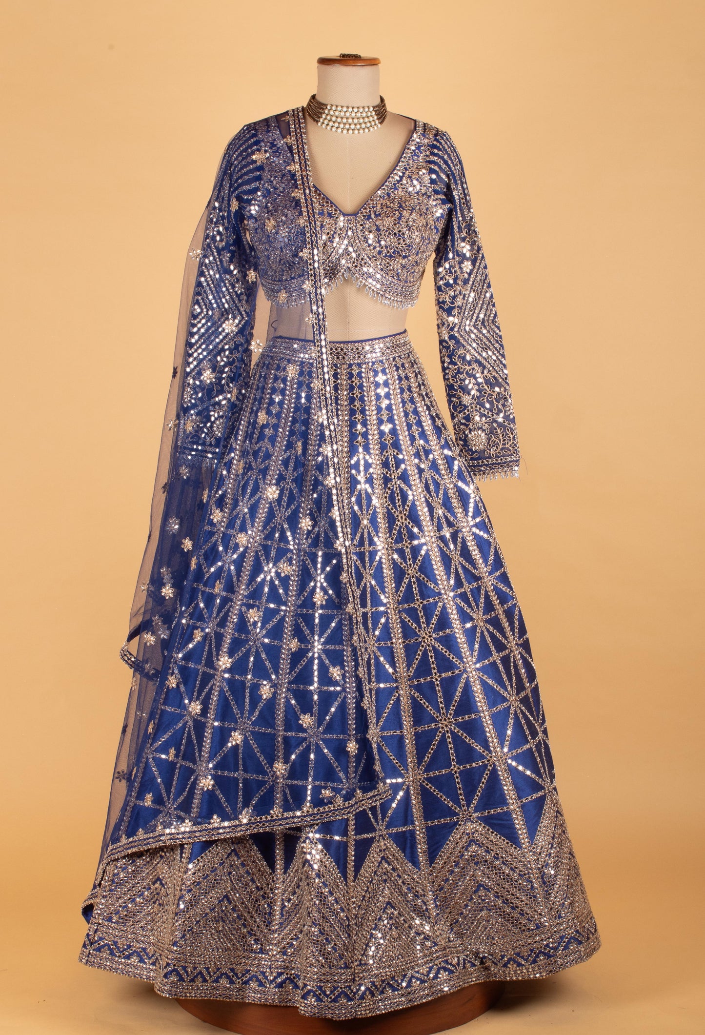 Royal Blue Heavy Mirror & Sequin Embroidered Crop Top Lehenga Set with Dupatta