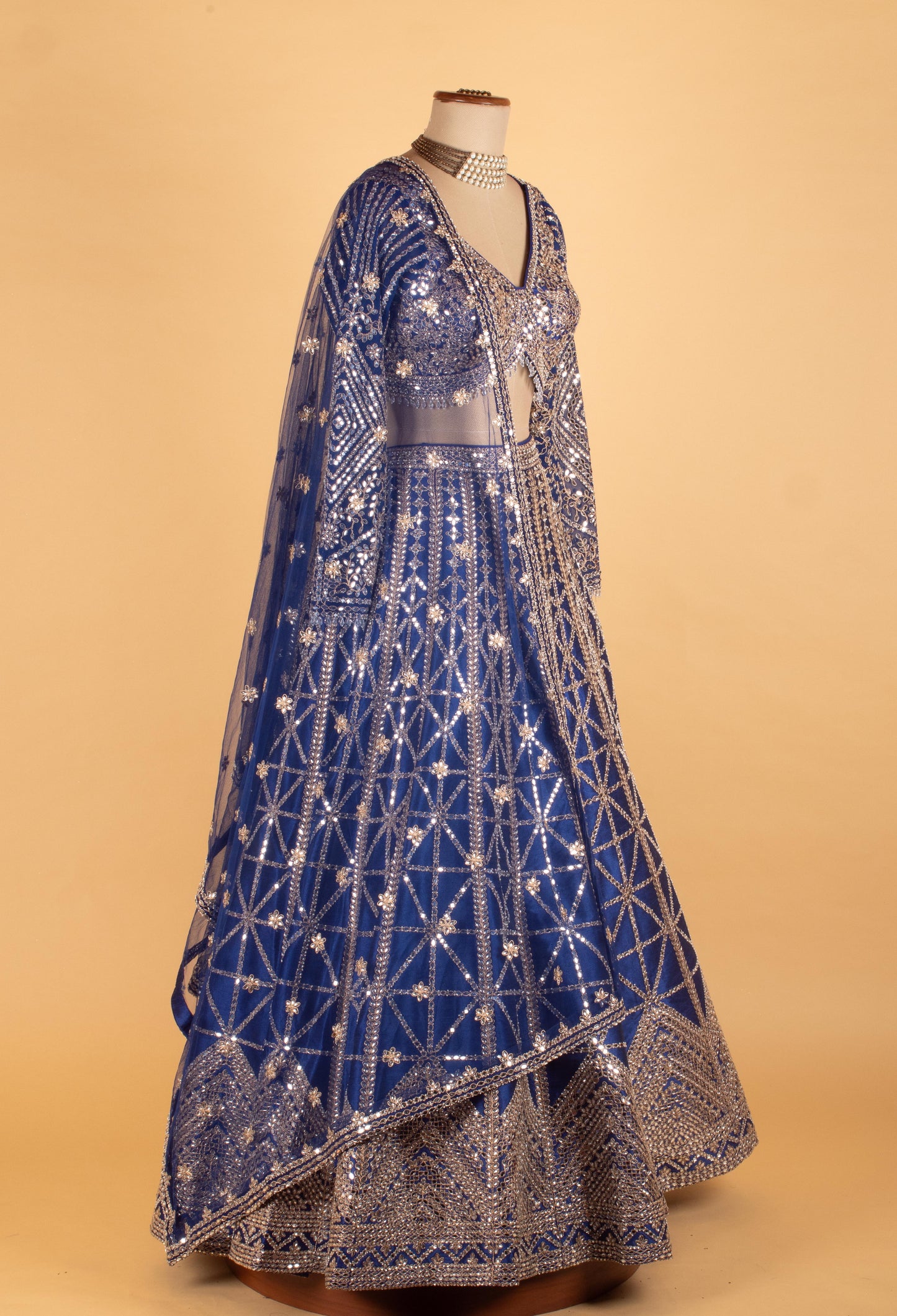 Royal Blue Heavy Mirror & Sequin Embroidered Crop Top Lehenga Set with Dupatta