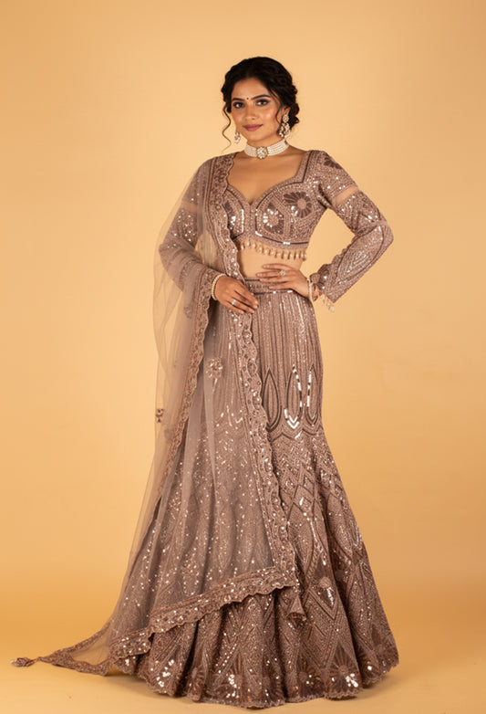 Rose Gold Heavy Sequin Embroidered Bridal Lehenga with Blouse & Dupatta