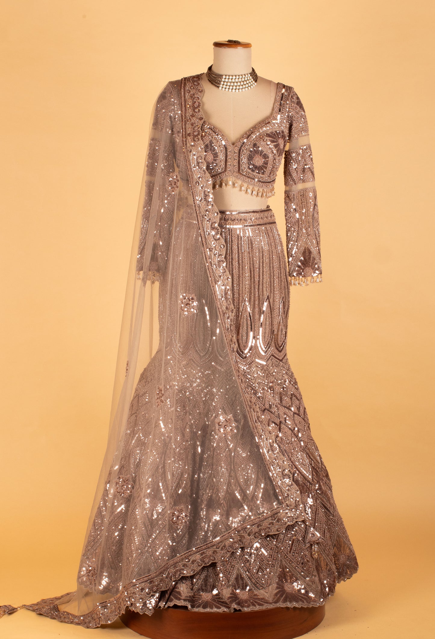 Rose Gold Heavy Sequin Embroidered Bridal Lehenga with Blouse & Dupatta