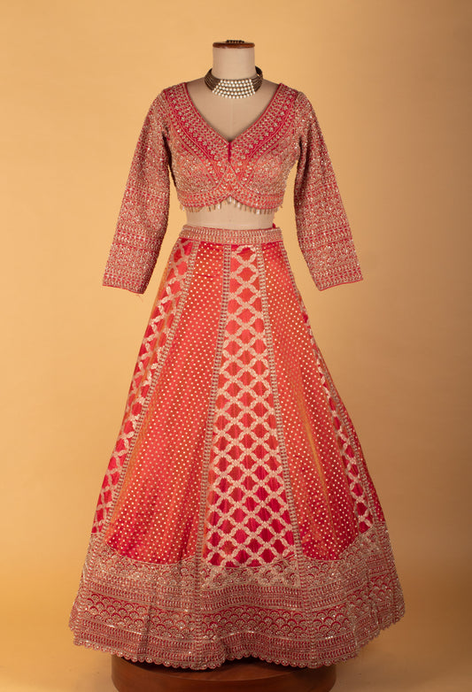 Red & Peach Heavy Embroidered Bridal Crop Top Lehenga Set with Handwork Dupatta - view 2