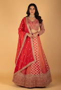 Red & Peach Heavy Embroidered Bridal Crop Top Lehenga Set with Handwork Dupatta