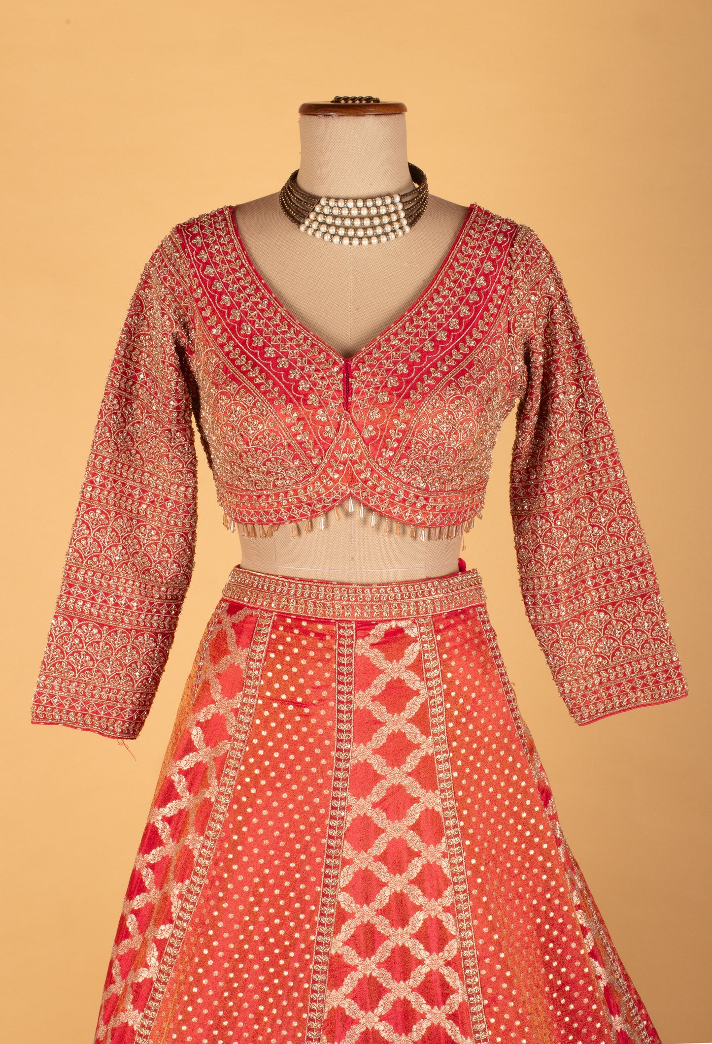 Red & Peach Heavy Embroidered Bridal Crop Top Lehenga Set with Handwork Dupatta