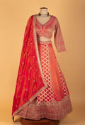 Red & Peach Heavy Embroidered Bridal Crop Top Lehenga Set with Handwork Dupatta