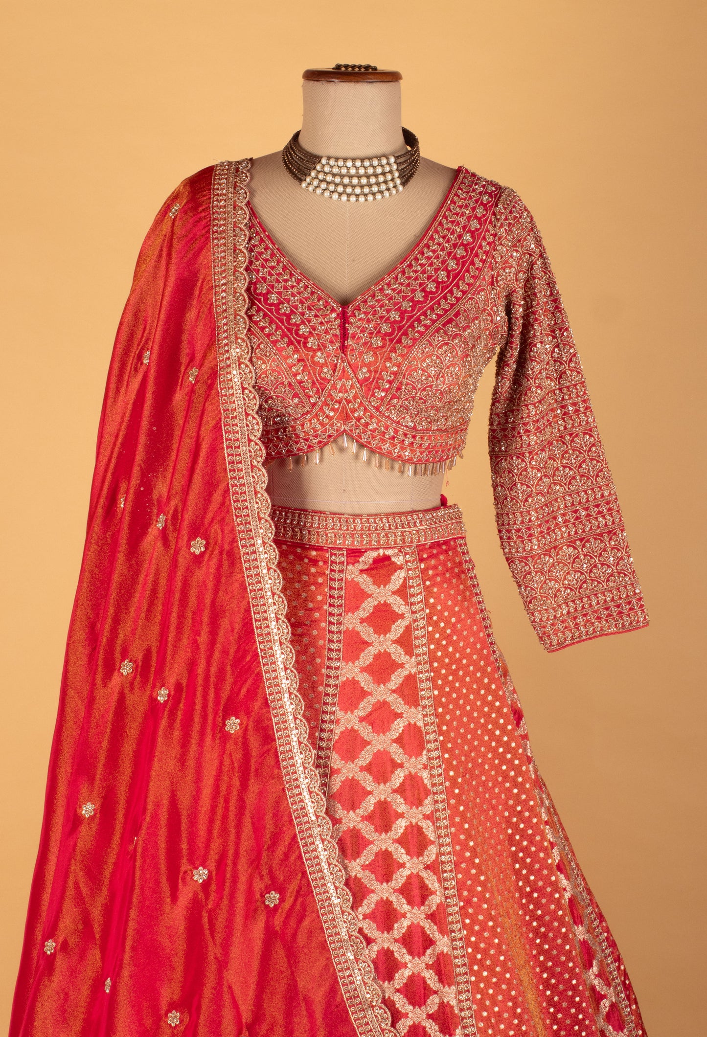Red & Peach Heavy Embroidered Bridal Crop Top Lehenga Set with Handwork Dupatta