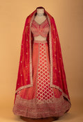 Red & Peach Heavy Embroidered Bridal Crop Top Lehenga Set with Handwork Dupatta